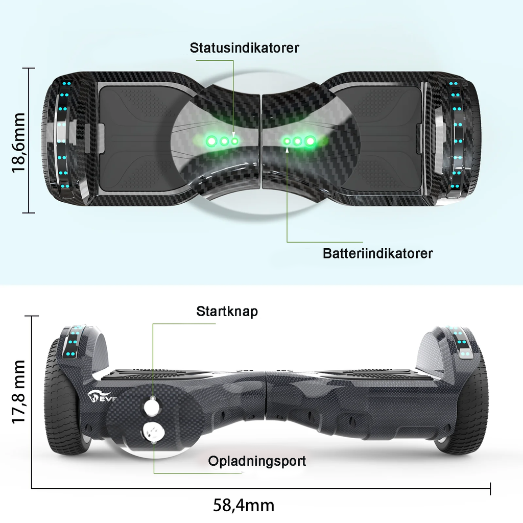 6,5" Hoverboard med Bluetooth og LED - Frit sæde (SORT)